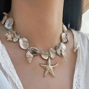 Seashell Pearl Statement Necklace with Gold Starfish Charm